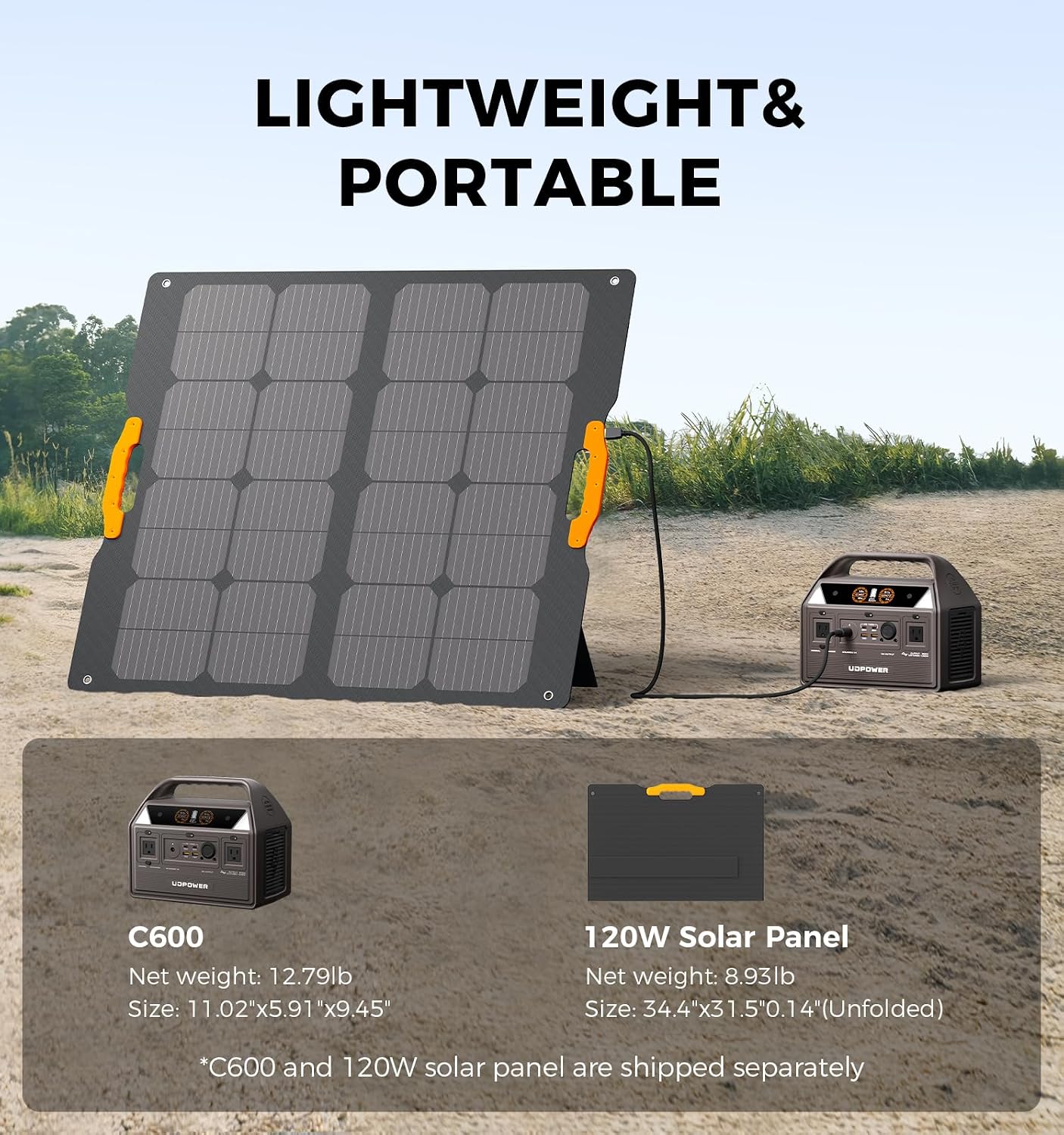 UDPOWER C600 Solar Generator with 120W Solar Panel - 600W Portable Power Station(Surge 1200W) AC Output, 595Wh LiFePO4 Battery, for Camping, Travel, RV, Emergency Power Backup(Brown)
