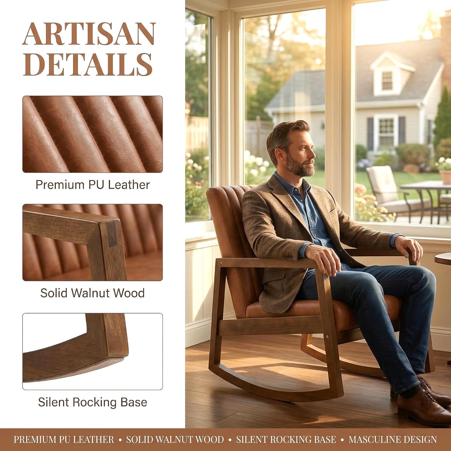 VESCASA Brown Faux Leather Rocking Chair with Channel-Tufted Back, Mid-Century Modern Comfy Rocker with Walnut Wood Frame for Nursery Living Room Bedroom Indoor, Burnt Orange Upholstered Chair