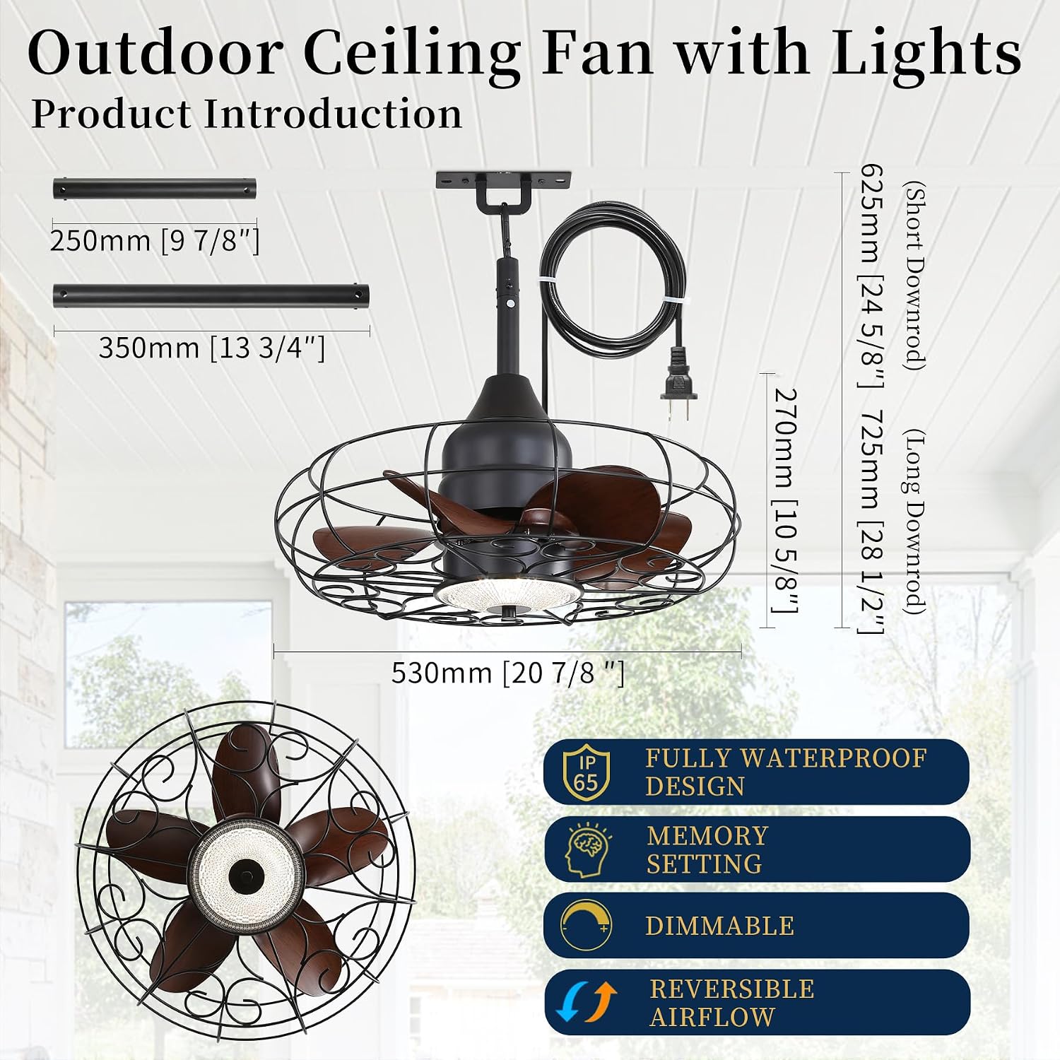 Gazabo Fan Outdoor Ceiling Fans for patios 21'' Outdoor Hanging Fan for Gazebo, Plug in Caged Lighting for Pergola Canopy,Hanging with Hook, Remote with 3 Color LED Gazabo Lights, IP44 Waterproof
