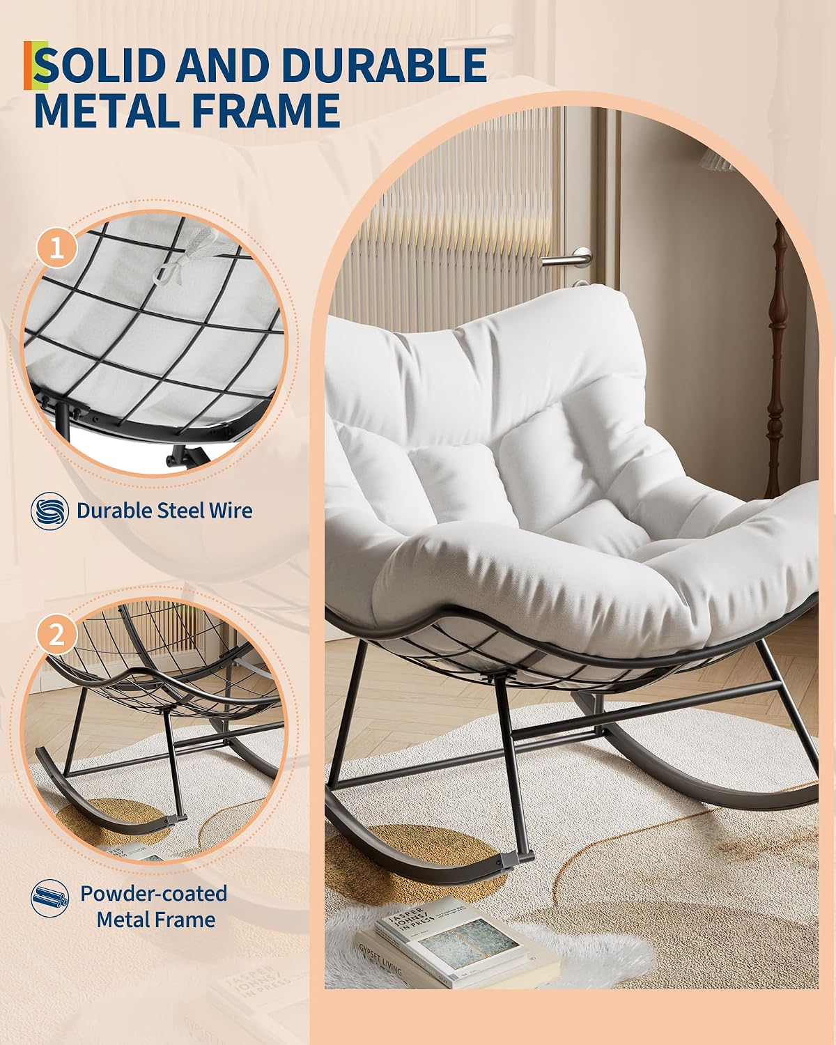 GarveeLife Outdoor Papasan Rocking Chair, Oversized Rocking Chair with Sturdy Metal Frame, Patio Egg Rocker for Balcony Backyard Porch Bedroom, White