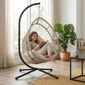 Hanging Egg Chair with Stand, Foldable Hammock Swing Chair Made by Durable All-Weather Core-Spun Polyester Rope with Yarn-Dyed Fabric Cushion for Indoor Outdoor, 350Lbs Capacity (Grey Cushion)