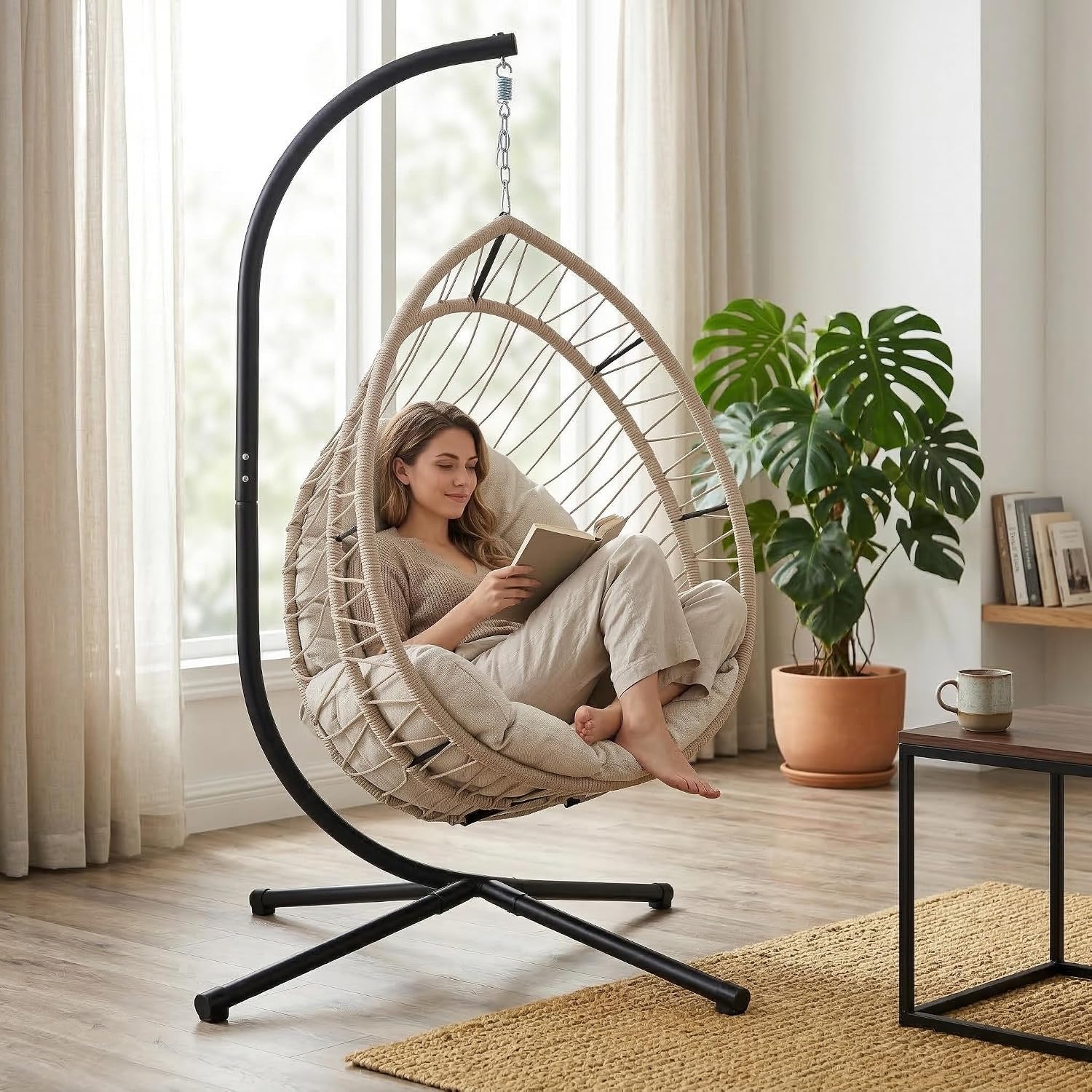 Hanging Egg Chair with Stand, Foldable Hammock Swing Chair Made by Durable All-Weather Core-Spun Polyester Rope with Yarn-Dyed Fabric Cushion for Indoor Outdoor, 350Lbs Capacity (Grey Cushion)