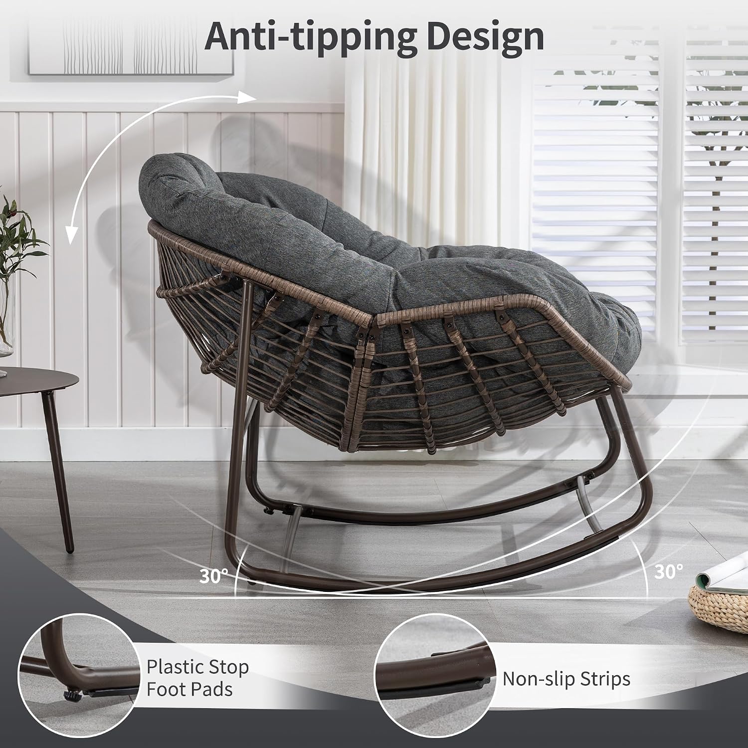 HOMEFUN Outdoor Patio Rocking Chairs, Oversized Papasan Rock Chair Indoor with Padded Cushion - Rocker Egg for Front Porch, Garden, Backyard Gray