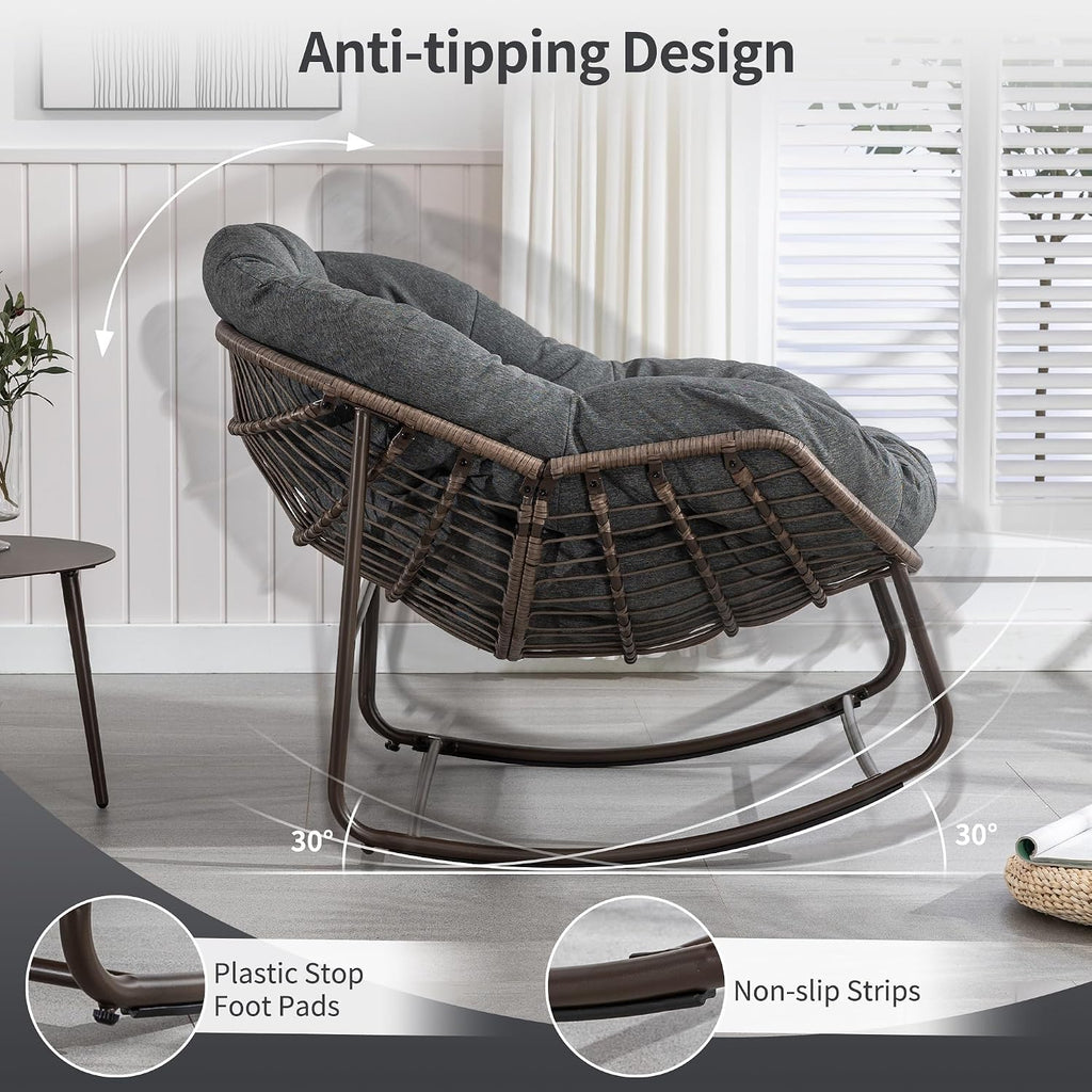 HOMEFUN Outdoor Patio Rocking Chairs Set of 2, Oversized Papasan Rock Chair Indoor with Padded Cushion - Rocker Egg Seat for Front Porch, Garden, Backyard Gray
