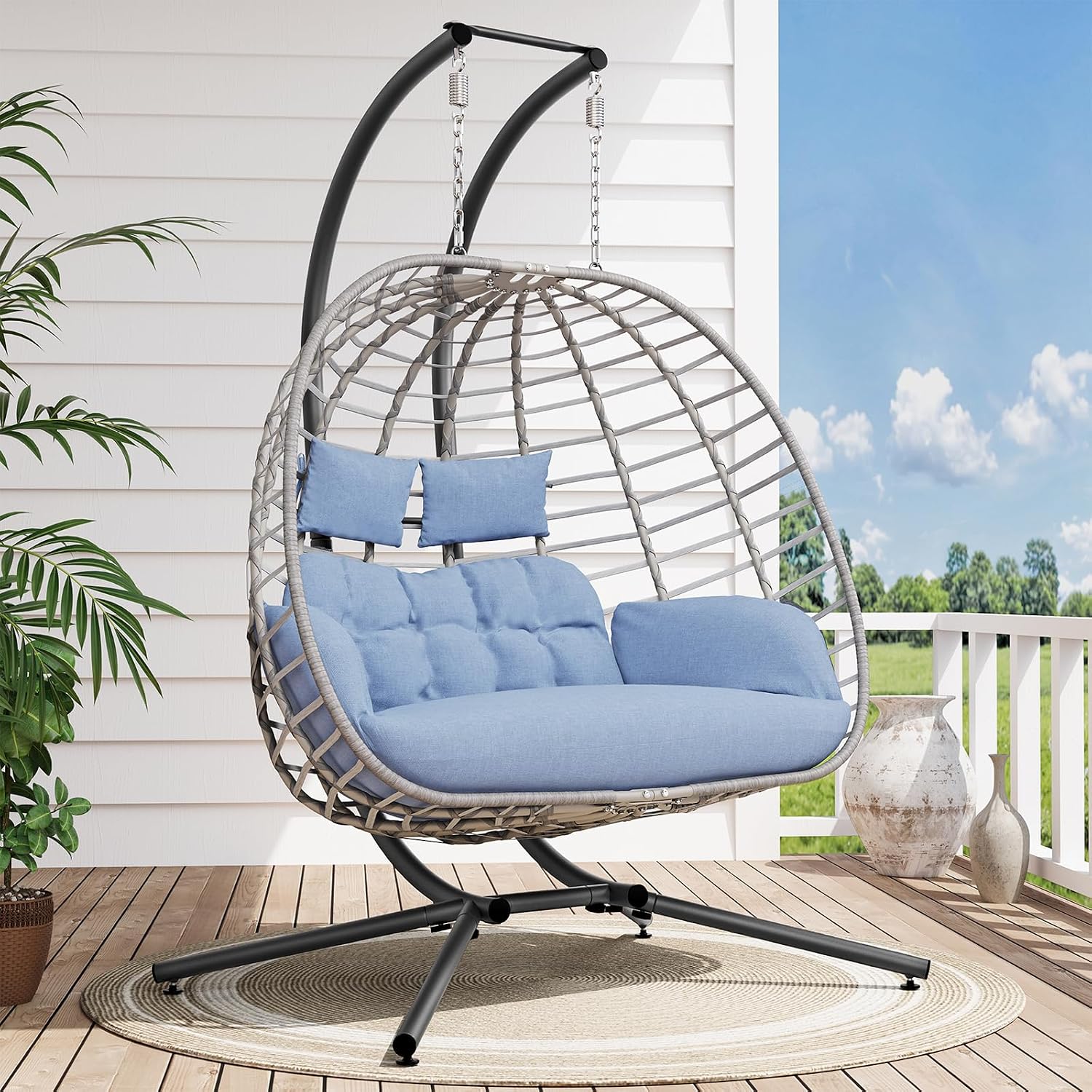 SWITTE Double Egg Swing Chair with Stand, Outdoor Patio 2 Person Hanging Wicker Hammock Chairs with Cushion for Indoor Bedroom, Lawn, Garden-Light Blue