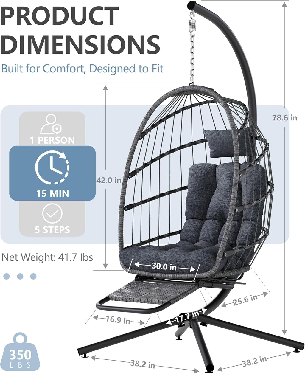 SWITTE Egg Chair Outdoor with Footrest & Stand, Indoor Wicker Hanging Egg Swing Hammock Chair with Cushion for Patio, Bedroom, Garden - Charcoal