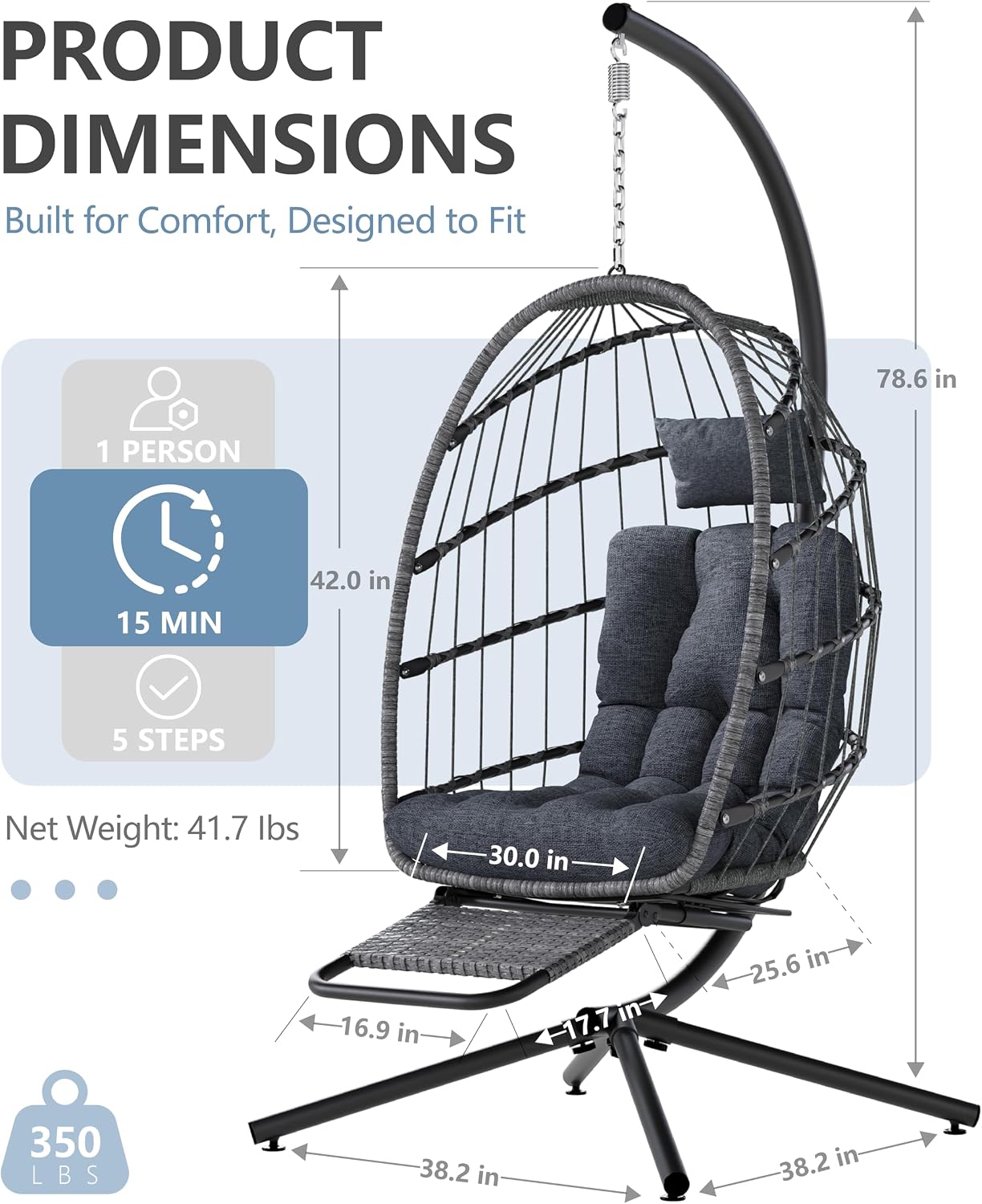 SWITTE Egg Chair Outdoor with Footrest & Stand, Indoor Wicker Hanging Egg Swing Hammock Chair with Cushion for Patio, Bedroom, Garden - Charcoal