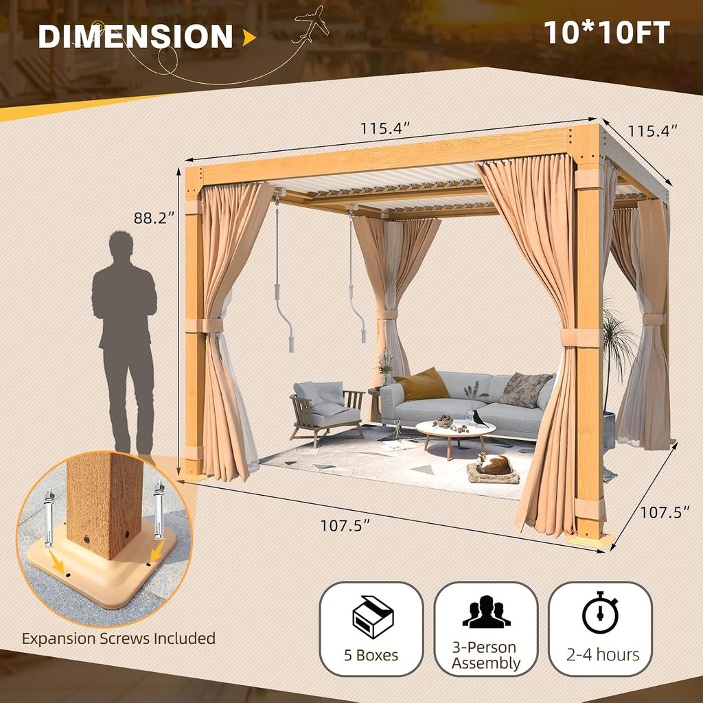 MELLCOM Louvered Pergola - 10x10 Aluminum Pergola with Adjustable Louvered Roof and Waterproof Curtains and Nets