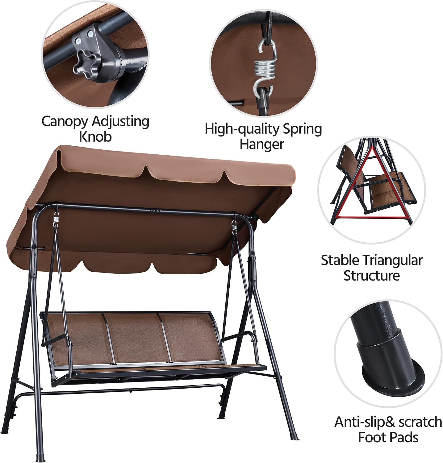 Yaheetech Outdoor Porch Swing Chair for Adults, 3-Seat Patio Hanging Swing w/Adjustable Canopy, Armrests, Porch Swing Sets w/Stand, Breathable Fabric for Backyard/Garden/Balcony, Dark Brown