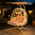 Double Egg Chair Outdoor with Stand & Canopy, 2 Person Hanging Egg Chair with Footrest, Oversized Rattan Wicker Egg Swing Chair for Bedroom Garden, 660Lbs (White-Beige with Light)