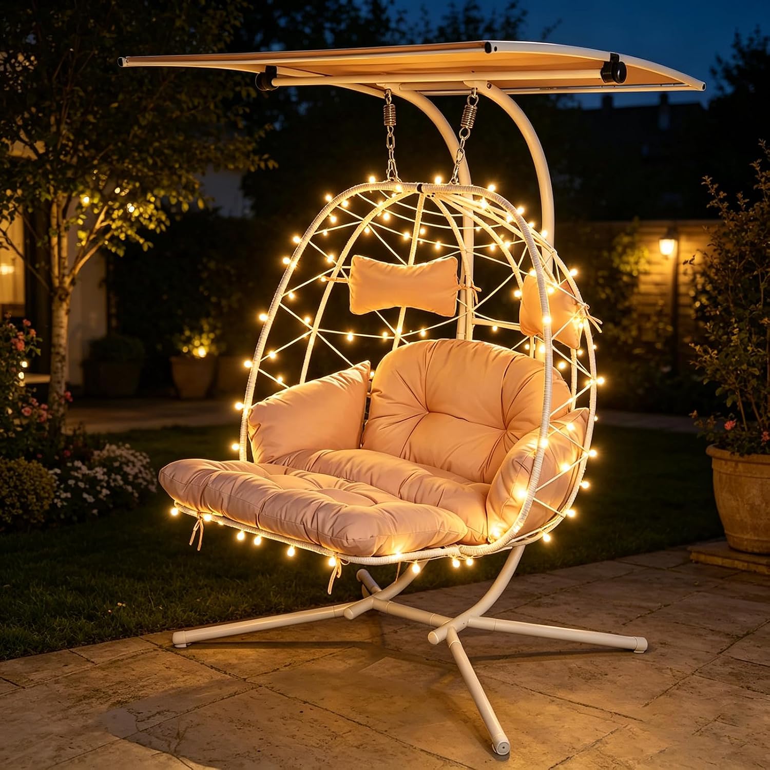 Double Egg Chair Outdoor with Stand & Canopy, 2 Person Hanging Egg Chair with Footrest, Oversized Rattan Wicker Egg Swing Chair for Bedroom Garden, 660Lbs (White-Beige with Light)