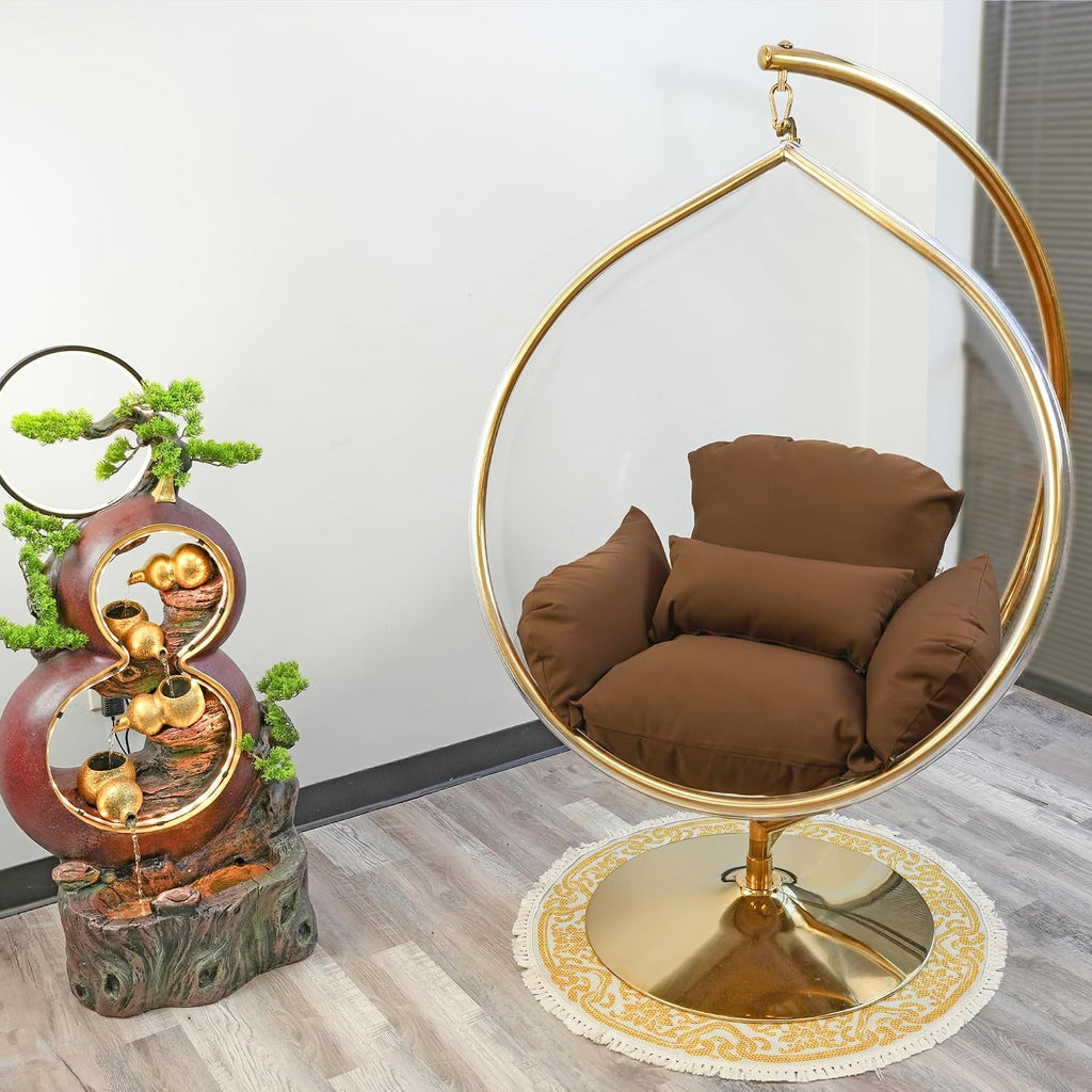 Hanging Chair - Transparent Acrylic Bubble, Waterdrop Shape, Indoor Swing Chair with Gold/Chrome Stand, Durable Fabric Cushion - Luxury Accent for Living Room, Bedroom (Gold/LightCoffee)