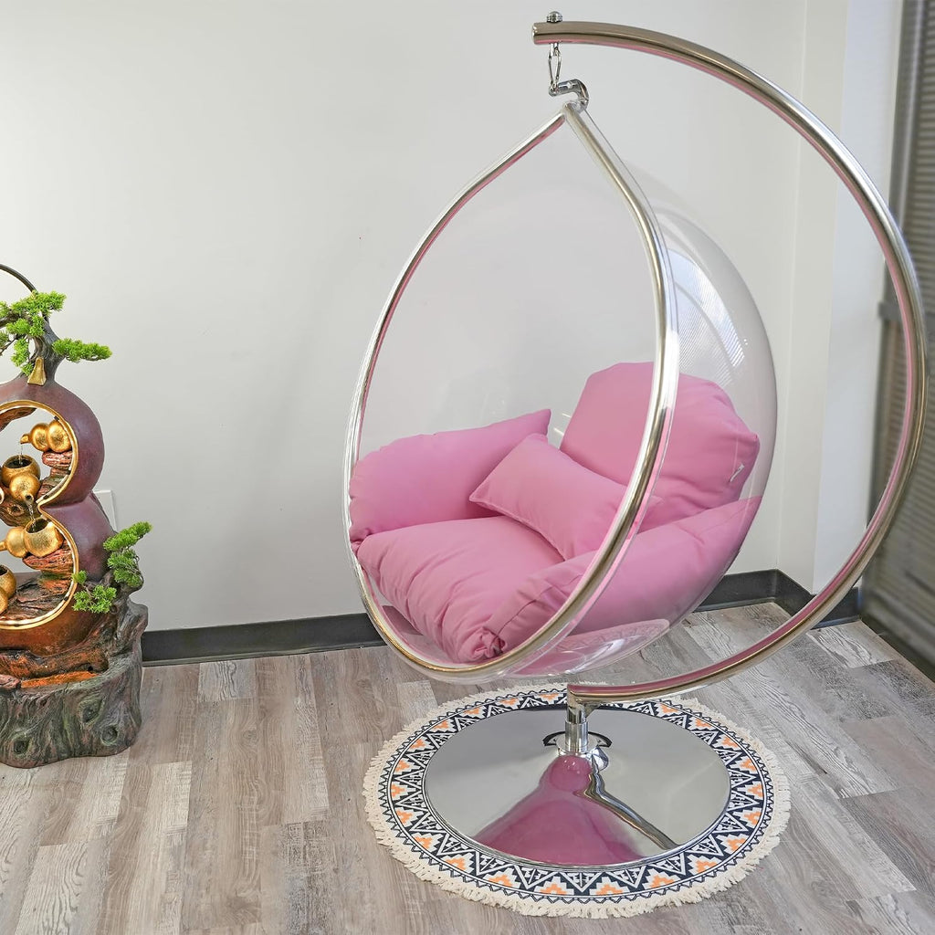 Hanging Chair - Transparent Acrylic Bubble, Waterdrop Shape, Indoor Swing Chair with Gold/Chrome Stand, Durable Fabric Cushion - Luxury Accent for Living Room, Bedroom (Chrome/Pink)