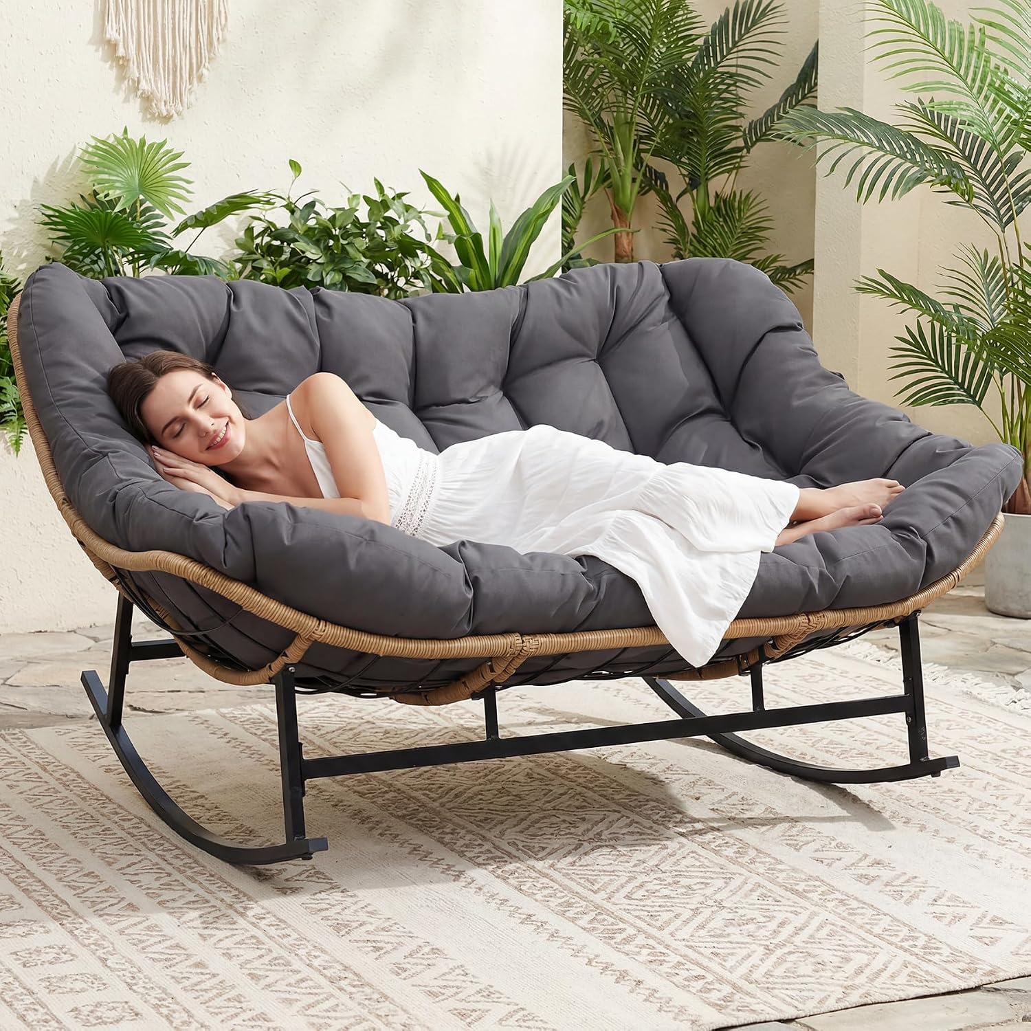 BULEXYARD Double Papasan Rocking Chair Indoor Outdoor, 2 Person Wicker Rocking Egg Chair with Dark Grey Thick Cushion, Oversized Large Patio Lounge Loveseat for Balcony, Porch, Garden, Lawn