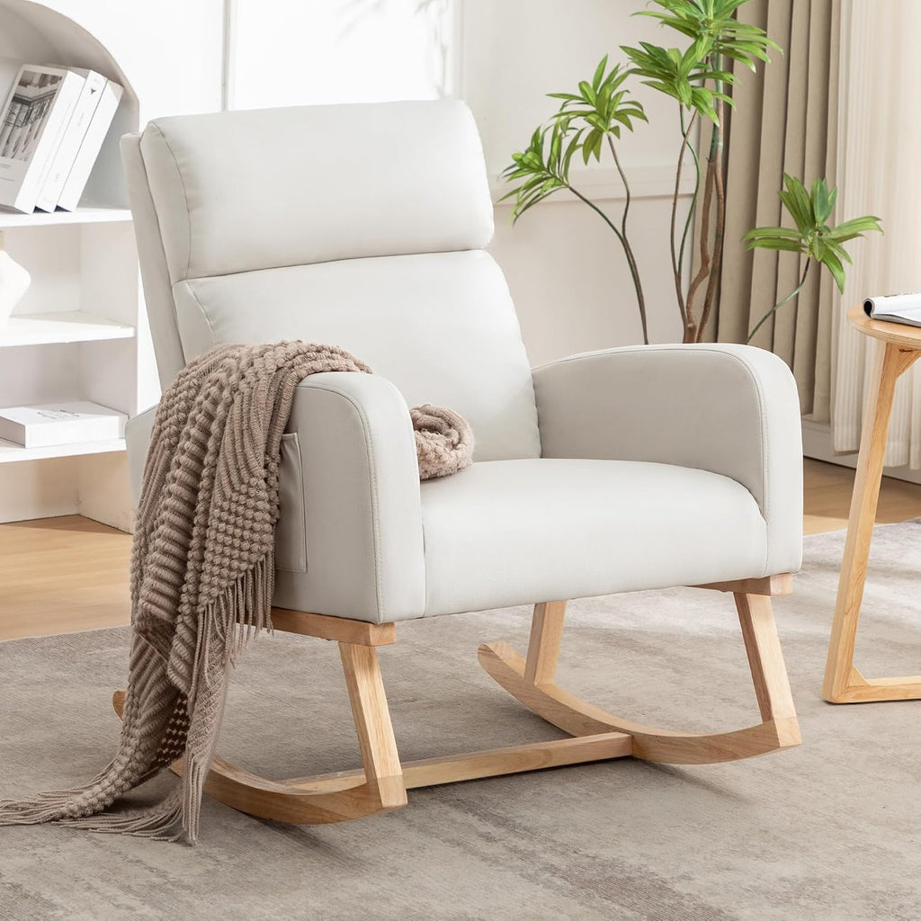 Rocking Chair Nursery, Uplostered Leather Rocker Nursing Chairs with Wood Legs and Side Pocket, Comfortable Glider Roking Chair for Nursery, Living Room, Bedroom, Leather Beige