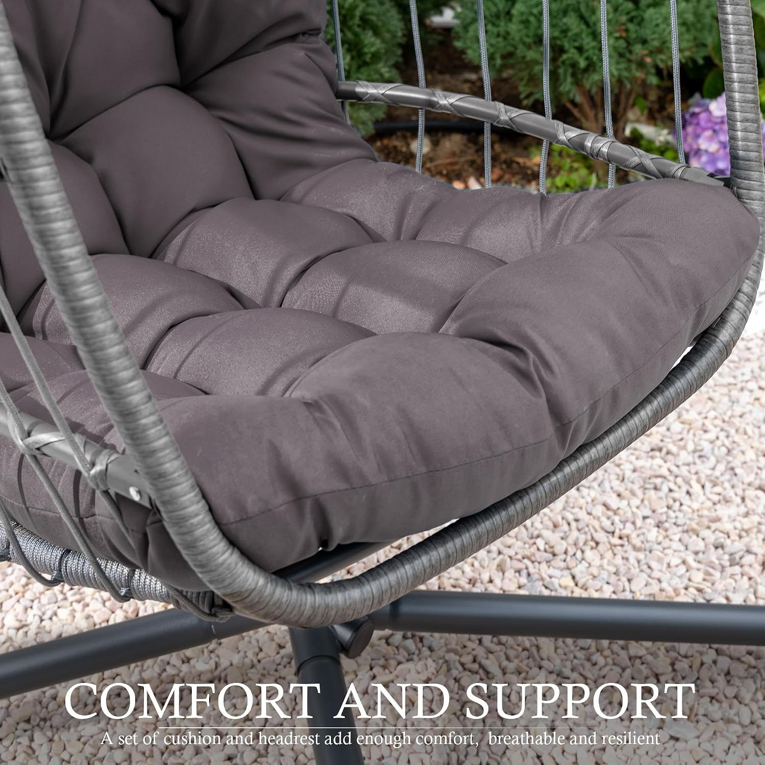 Yechen Indoor Outdoor Egg Hanging Chair with Stand, Patio Wicker Swing Egg Chair Indoor Swinging Chair Outdoor Hammock Egg Chair 350lbs Capacity for Patio Bedroom Balcony, Charcoal Grey (EG-001)