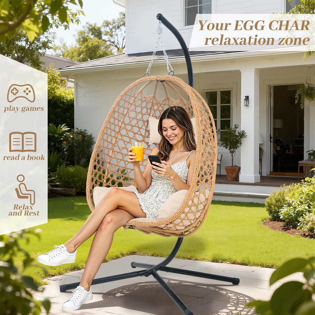 EortheX Hanging Egg Chair with Cushions – Comfortable Rattan Swing Chair with Stand for Patio, Garden, or Balcony – Stylish and Relaxing Outdoor Lounge Chair, 350LBS Capacity Indoor Outdoor (Yellow)