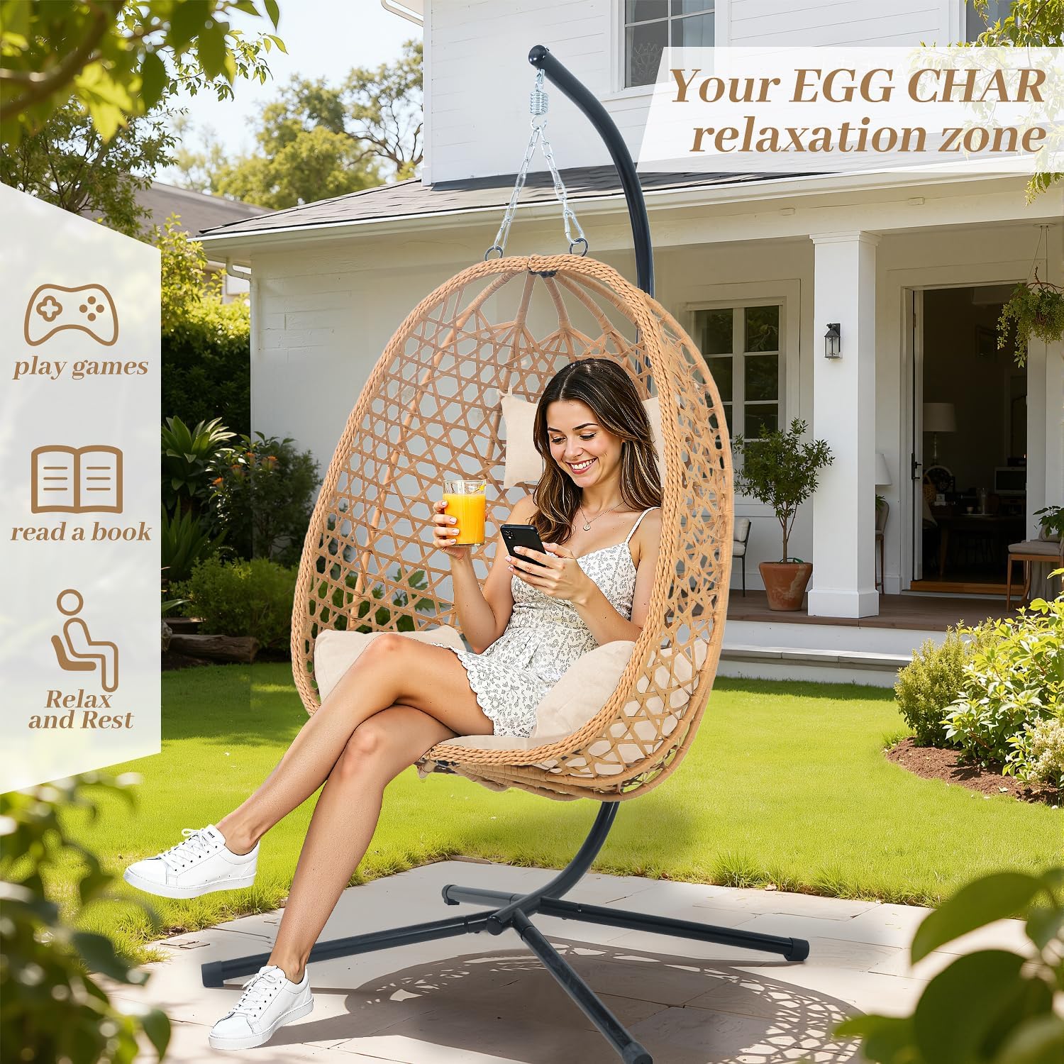 EortheX Hanging Egg Chair with Cushions – Comfortable Rattan Swing Chair with Stand for Patio, Garden, or Balcony – Stylish and Relaxing Outdoor Lounge Chair, 350LBS Capacity Indoor Outdoor (Yellow)