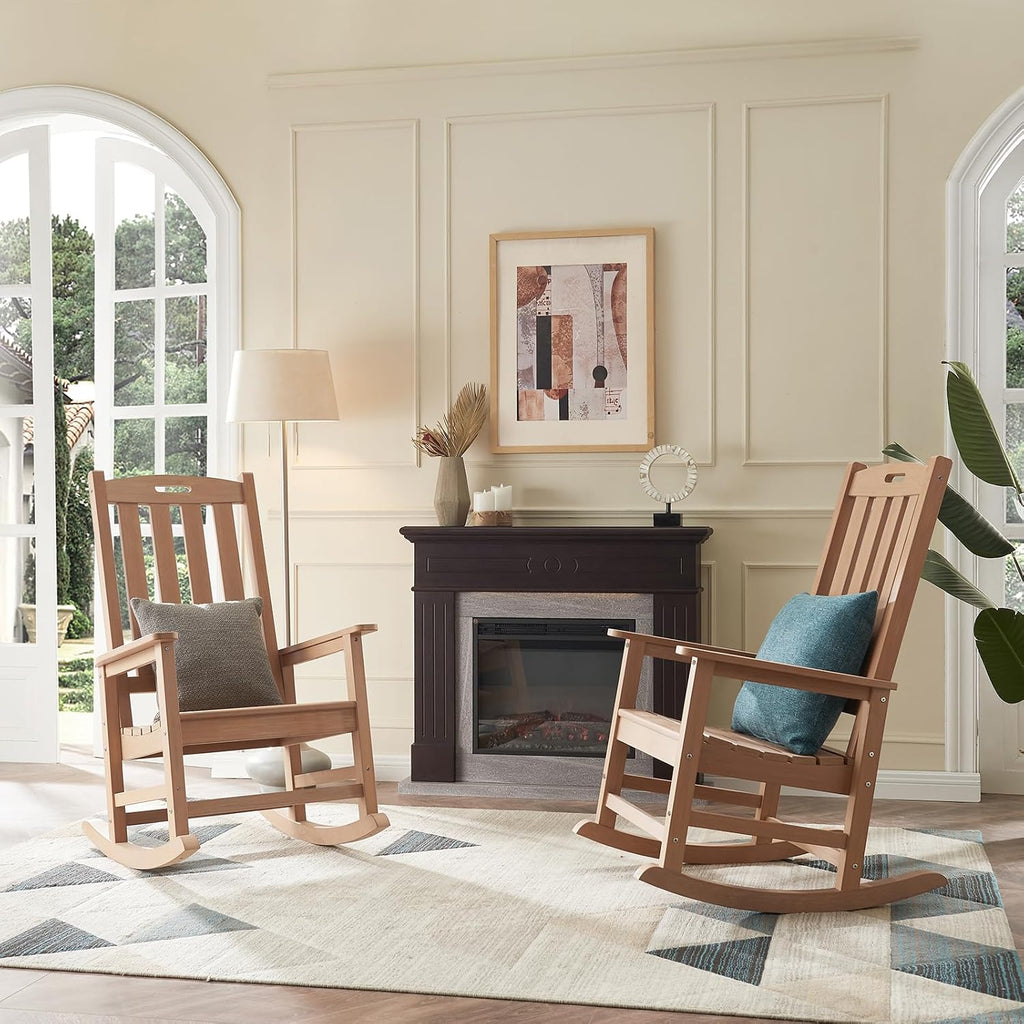 Psilvam Oversized Outdoor Rocking Chair, with 21' Wide Seat and 32' Tall Backrest, Pre-Assembled with Most Components for Effortless Installation (Teak Color)