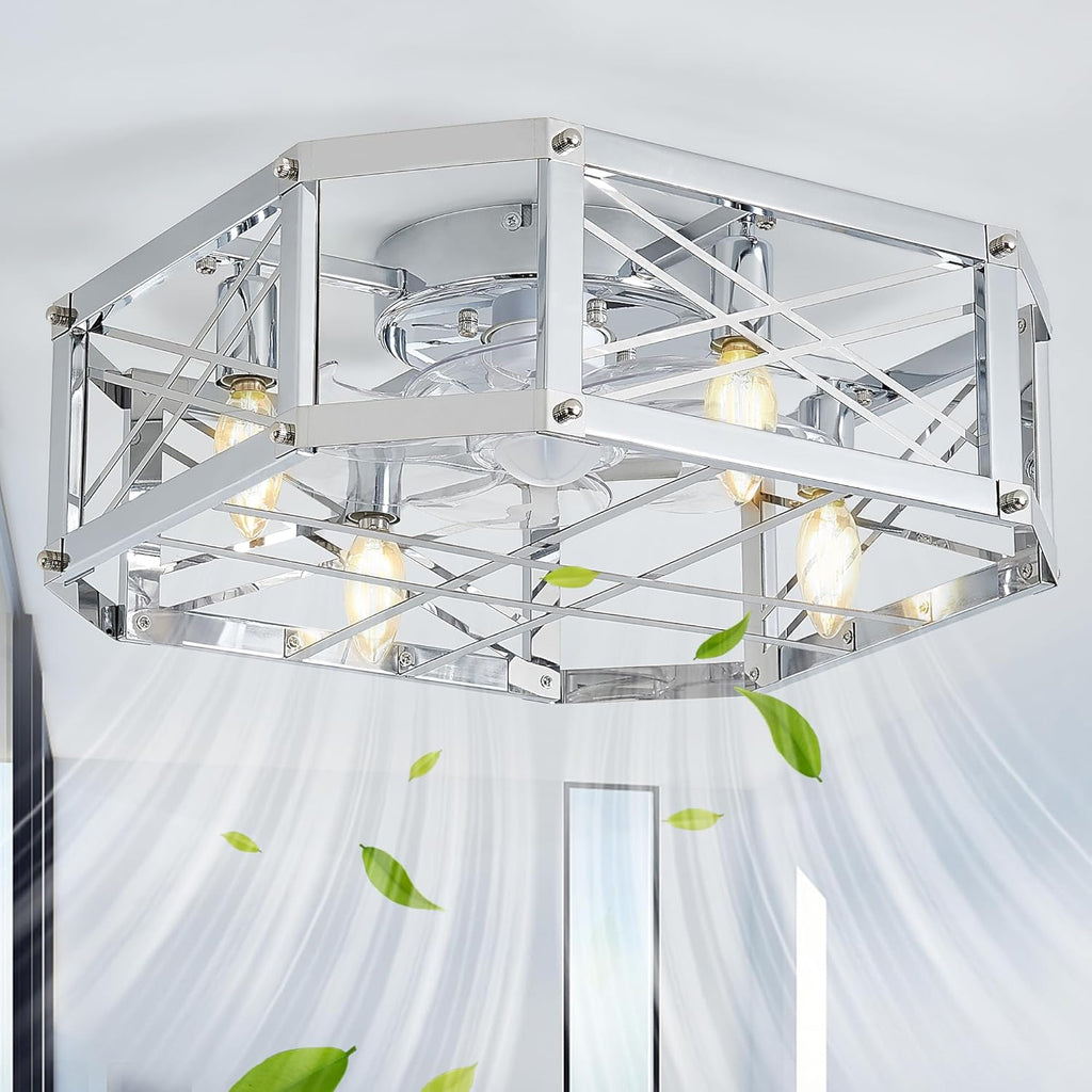 21'' Flush-Mount Ceiling Fan with Dimmable-Light and Memory Remote, Reversible-Motor, Perfect for Bedroom, Living room, Kitchen, Outdoor Gazebo, Patio, Low-Profile Design Sliver Cage