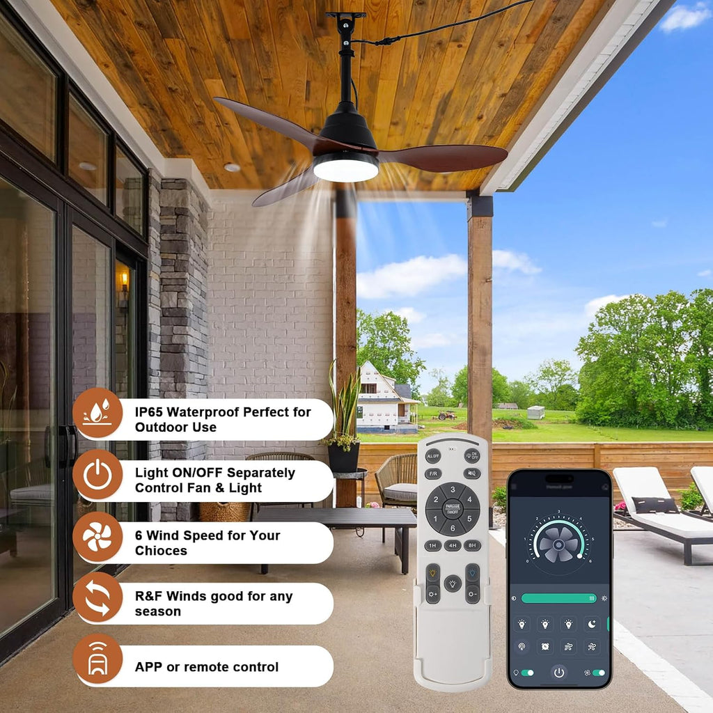 42'' Waterproof Outdoor Ceiling Fan with Lights IP65 Gazebo Fan Outdoor Hanging Wet Rated Plug in Ceiling Fan for Patio Pergola Porch Outside, APP Remote Control, Dimmable LED, 6 Speeds