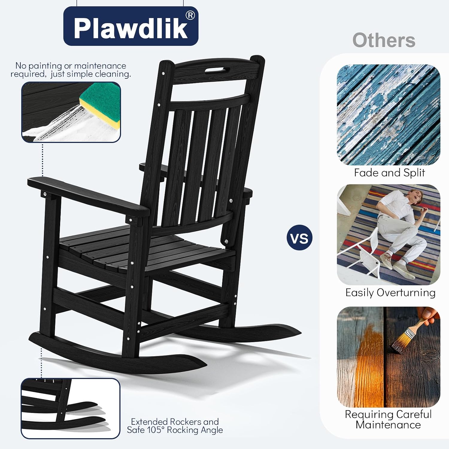 Plawdlik Oversized Rocking Chair Set of 2,HDPE All-Weather Outdoor Rocking Chair,Patio Rocking Chairs for Porch.Black