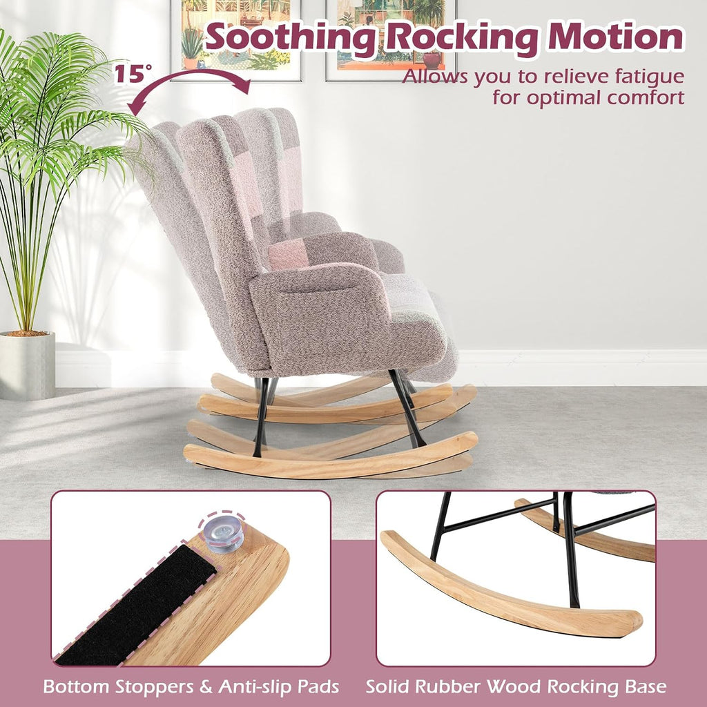 Giantex Rocking Chair Nursery, Boucle Upholstered Glider Rocker w/Ergonomic High Backrest, Rubber Wood Legs & Side Pocket, Patchwork Modern Accent Chair for Bedroom, Living Room, Offices