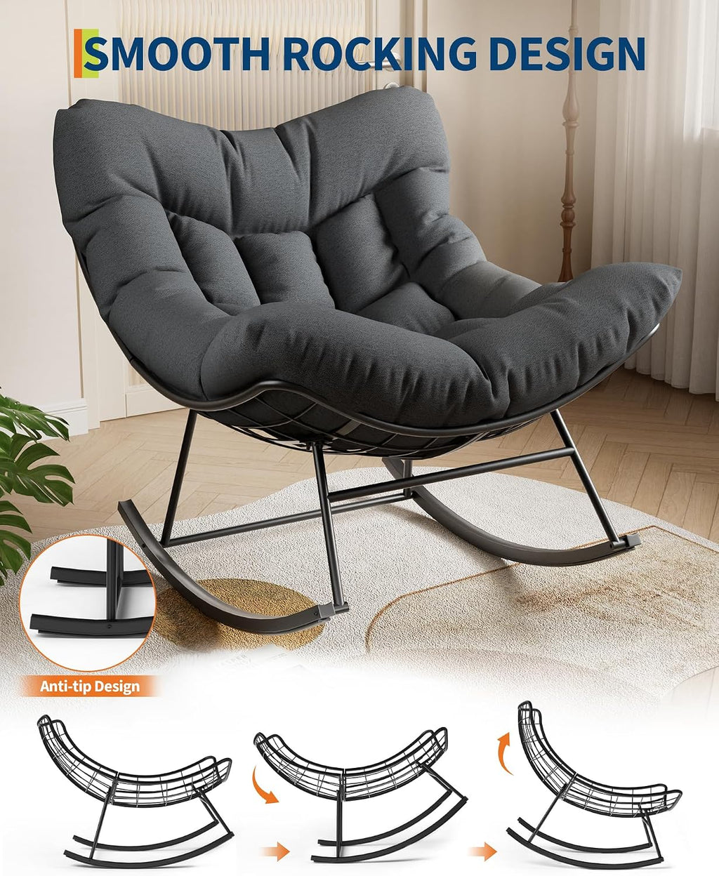 GarveeLife Outdoor Papasan Rocking Chair, Oversized Rocking Chair with Sturdy Metal Frame, Patio Egg Rocker for Balcony Backyard Porch Bedroom, Grey