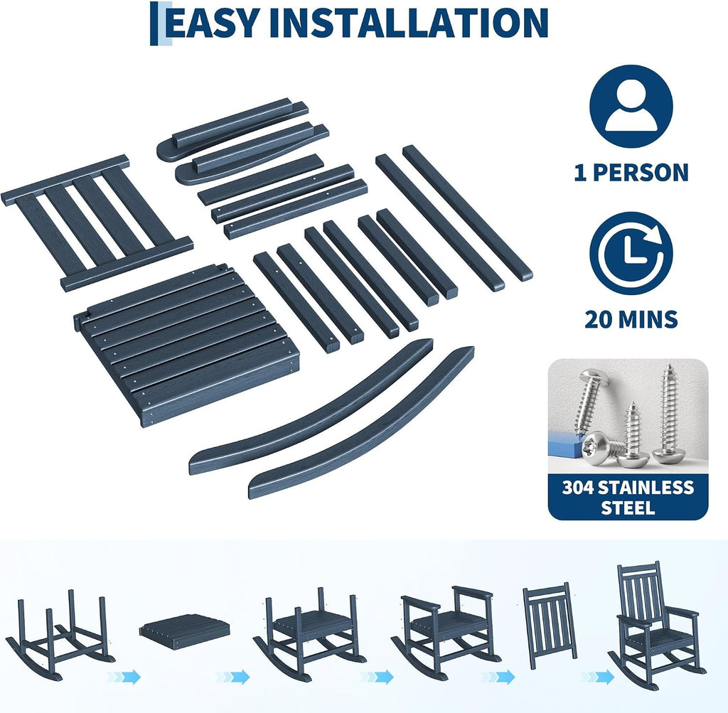 GarveeLife Poly Lumber Rocking Chair Outdoor Set of 2 - HDPE High Back Porch Rocker Chairs for Adults - All Weather Resistant Furniture for Patio - Navy Blue