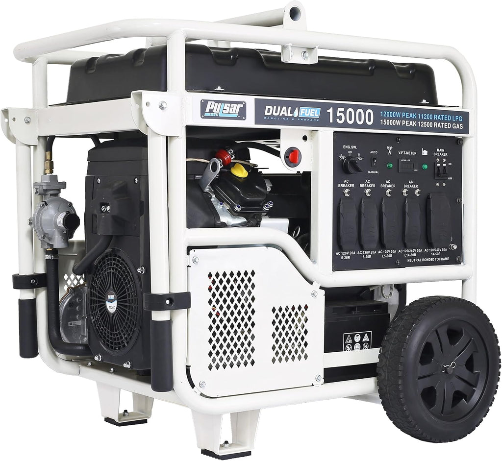 Pulsar PG15KVTWB 15,000W Dual Fuel Portable Generator, Gas or Propane, 713cc V-Twin Engine, Electric Start, 120V/240V, 50A Outlet