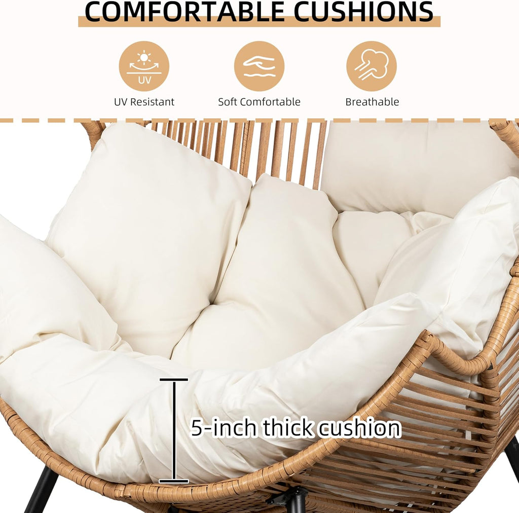 JAMFLY Egg Chair Wicker Outdoor Chairs, Oversized Patio Chair Oversized Lounger Chair with Cushion for Indoor Living Room, Bedroom, Outside Patio Backyard Balcony, Creamy White