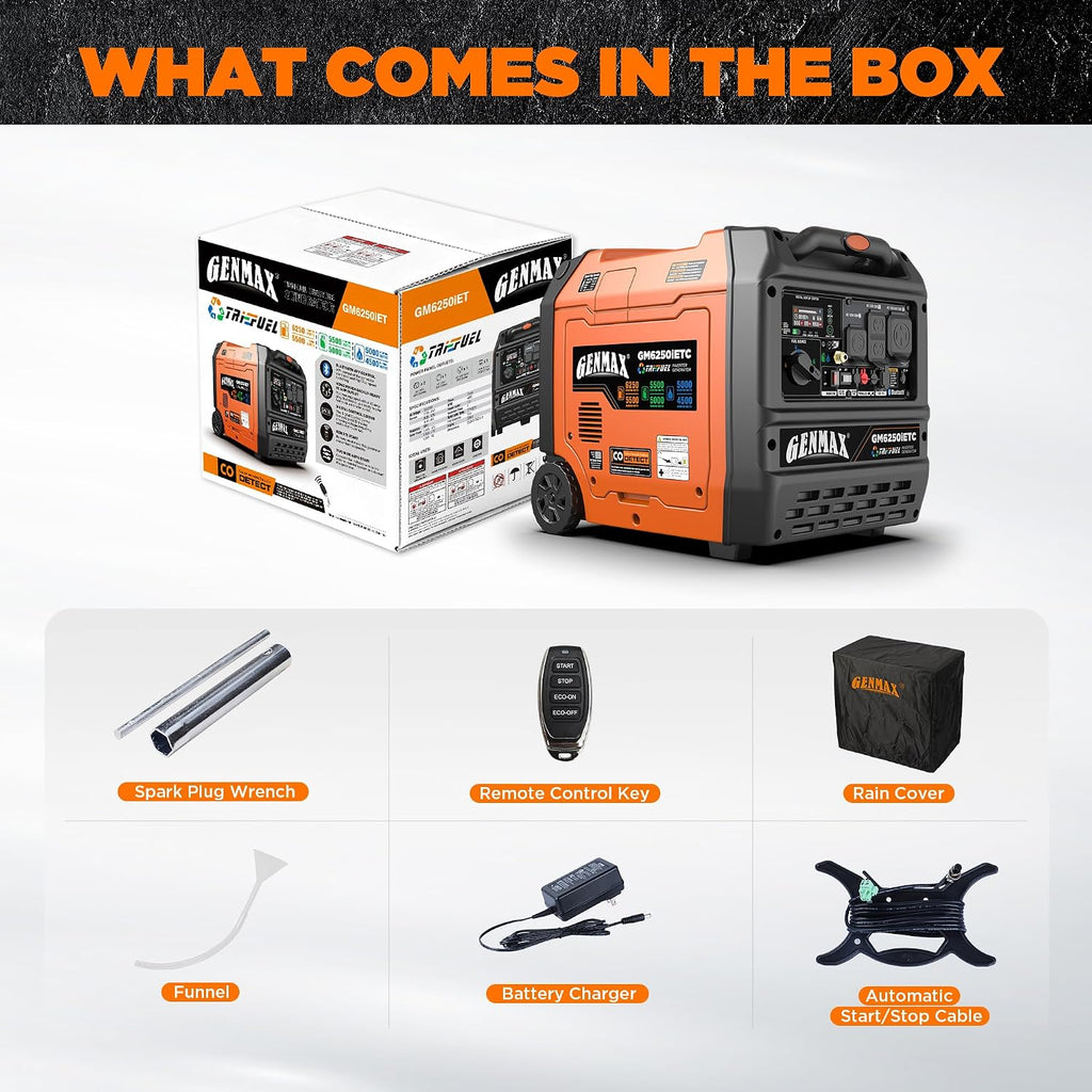 GENMAX 6250w Tri-Fuel Silent Inverter Generator(2026Model)Features 2-Wire Auto Start/Stop,bluetooth APP Control,CO Sensor,Digital Display&50A Outlet-Ideal for Home Backup&Camping Outdoor,EPA Compliant