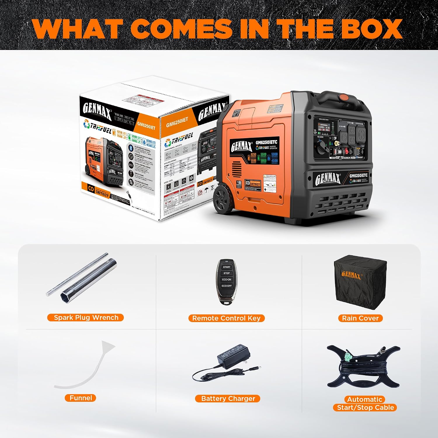 GENMAX 6250w Tri-Fuel Silent Inverter Generator(2026Model)Features 2-Wire Auto Start/Stop,bluetooth APP Control,CO Sensor,Digital Display&50A Outlet-Ideal for Home Backup&Camping Outdoor,EPA Compliant