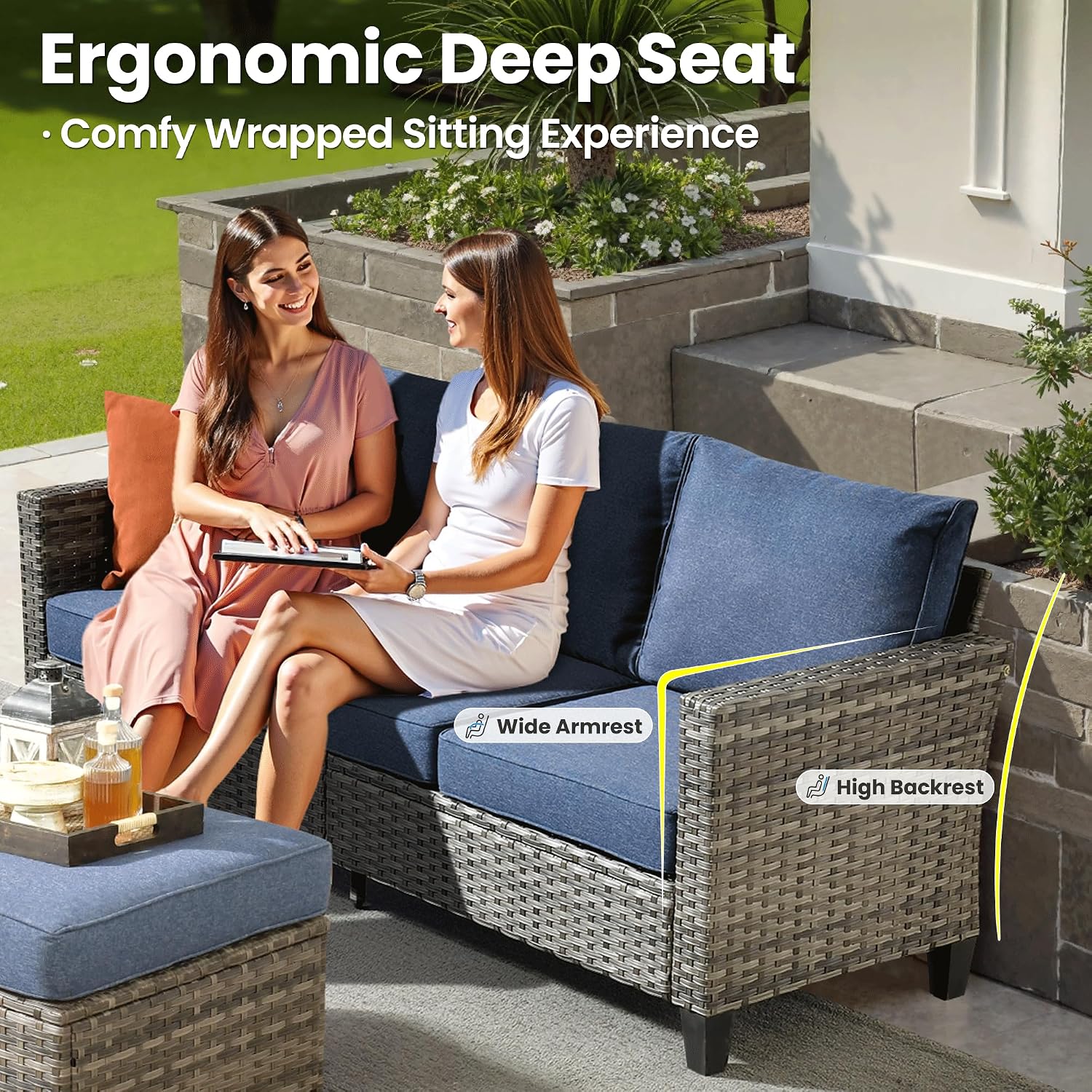 ovios 6-Pieces Patio Furniture Set, Outdoor Wicker Sofa Couch with Swivel Glider Chairs Comfy Cushions, Modern Conversation Set for Backyard Porch, Denim Blue