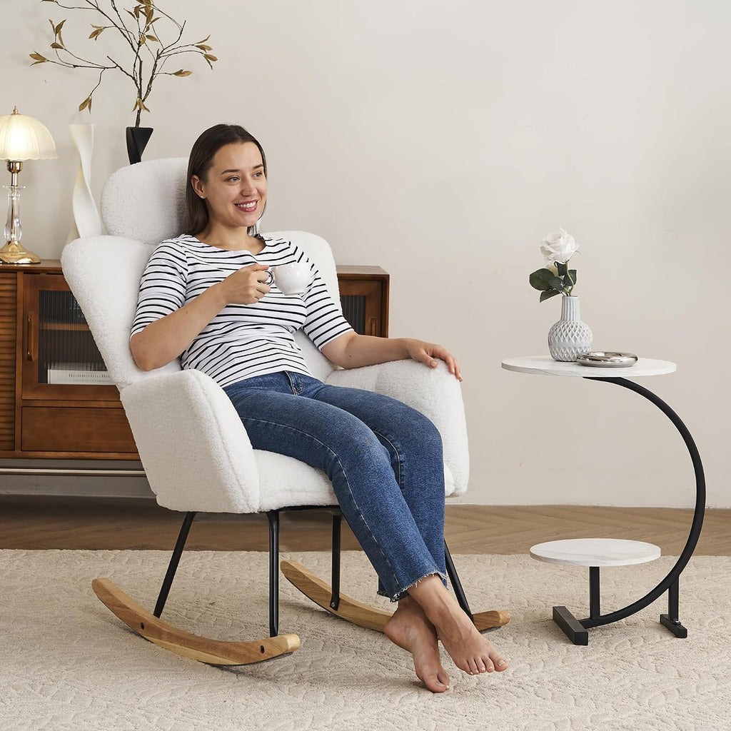 FOXHUNTER Rocking Chair Nursery with Thick Headrest, Upholstered Reading Glider Rocker Accent Armchair with High Backrest Rocker Recliner Chair for Adult Living Room Bedroom, Teddy Ivory