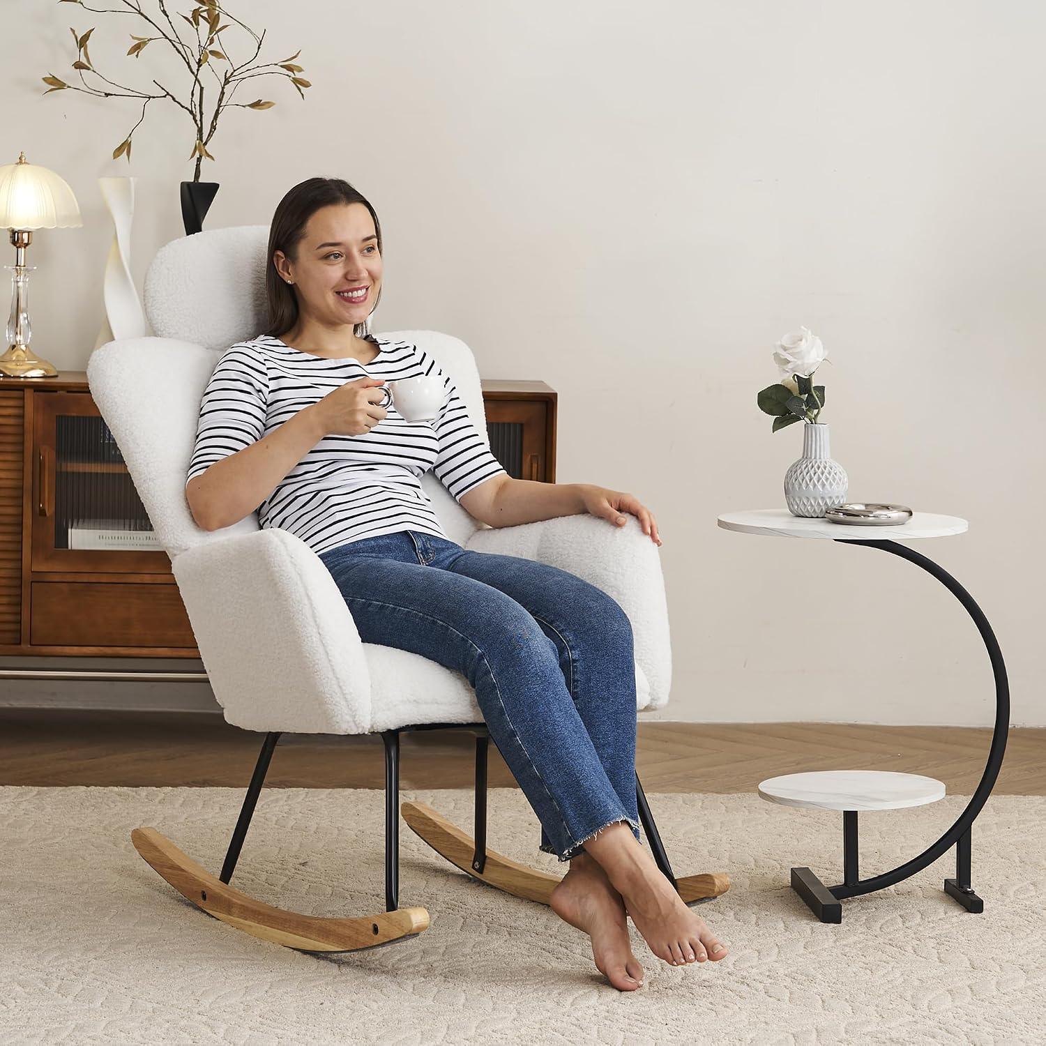 FOXHUNTER Rocking Chair Nursery with Thick Headrest, Upholstered Reading Glider Rocker Accent Armchair with High Backrest Rocker Recliner Chair for Adult Living Room Bedroom, Teddy Ivory