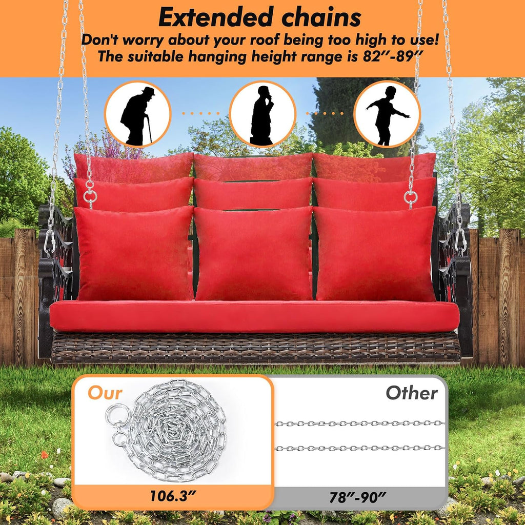 ZZW Heavy Duty 900 LBS Porch Swing Chair 3-Person Outdoor Rattan Patio Swing Lounge w/Cup-Holder & Steel Chains Wicker Hanging Bench Porch Swing Cushions for Deck & Backyard & Garden
