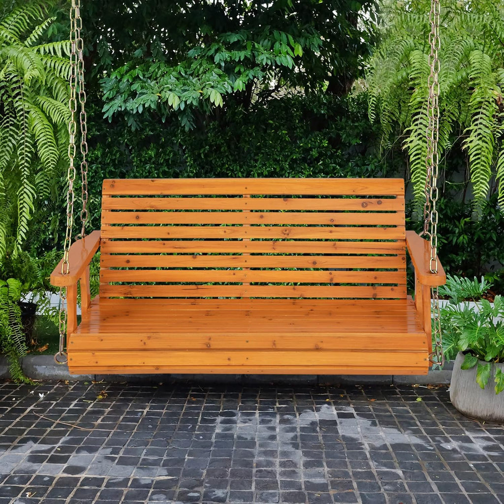 Giantex Wooden Porch Swing 2 Seat - Outdoor Swinging Chairs with Hanging Chains, 600 lbs Weight Capacity, 4 FT Finished Fir Wood Bench Swing for Patio, Outside, Garden, Lawn, Backyard (Orange)