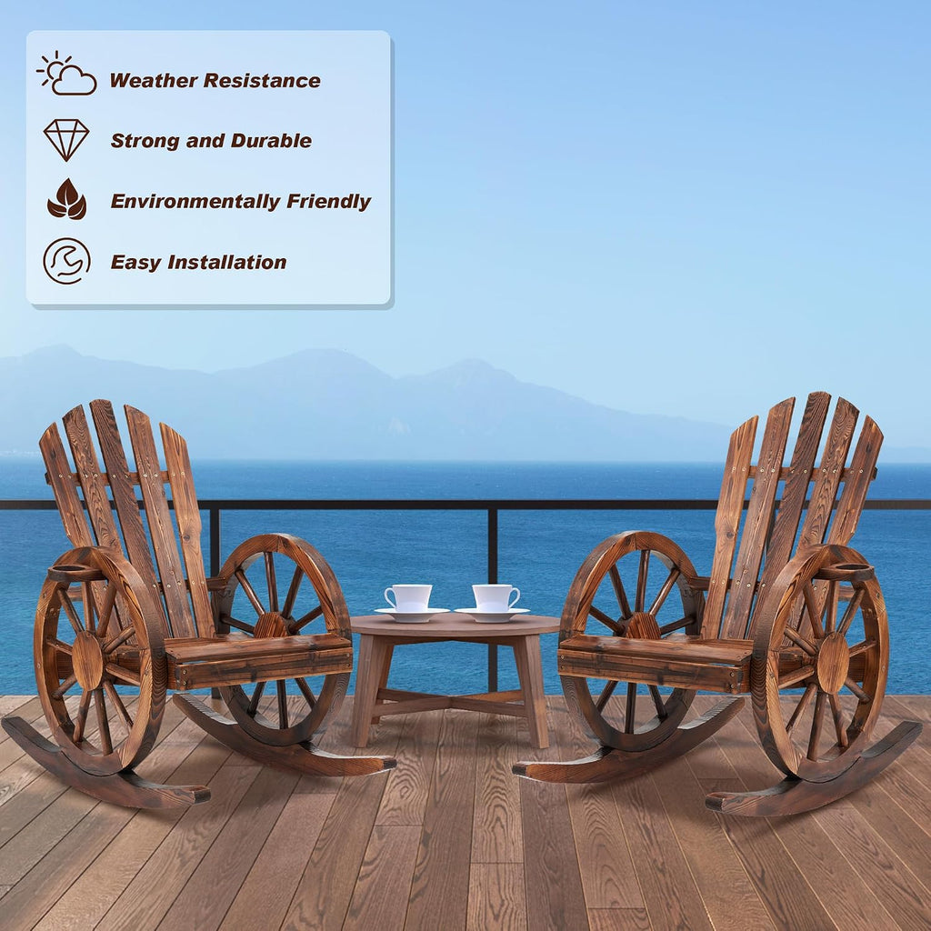 Spurgehom Outdoor Wooden Rocking Chair, Yard Glider Rocking Chairs Patio Decor Wood Rocker with Slatted Design, Adirondack Rocking Chair for Porch Lawn Garden Balcony Poolside, Brown（2PC）