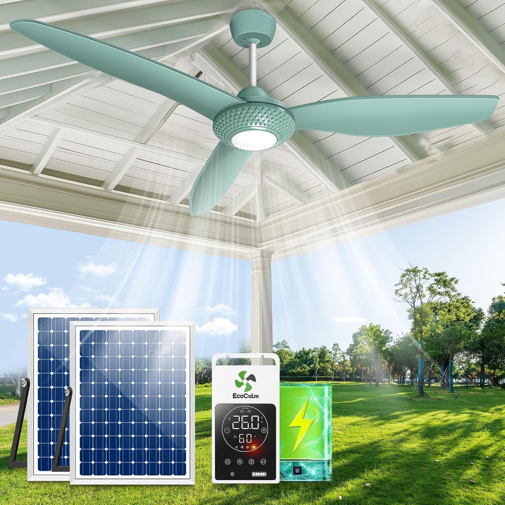 Outdoor Ceiling Fan Light for Gazebo with Battery, 52' Solar Ceiling Fan with Adjustable Thermostat & 2pcs 30W Bifacial Panels for Patios, Porch, Barn, Shed