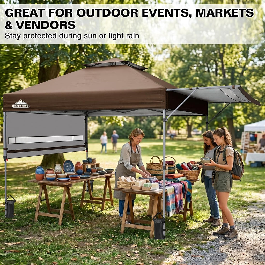 EAGLE PEAK 17x10 Pop up Gazebo Canopy Tent Outdoor Instant Canopy Shelter with Adjustable Dual Half Awnings (Brown)