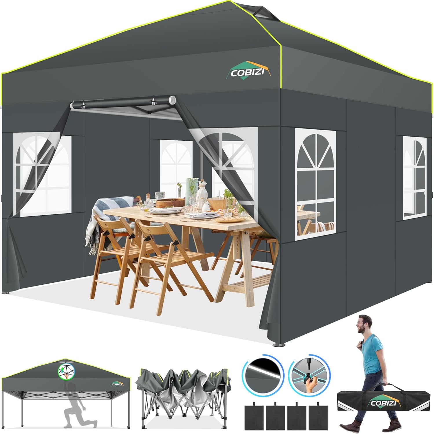 COBIZI 10x10 Pop up Canopy Tent with Sidewalls One Person Setup, Easy Outdoor Commercial Event Gazebo Shelter Enclosed Waterproof with Air Vent, 4 Sandbags for Garden,Party,Grey