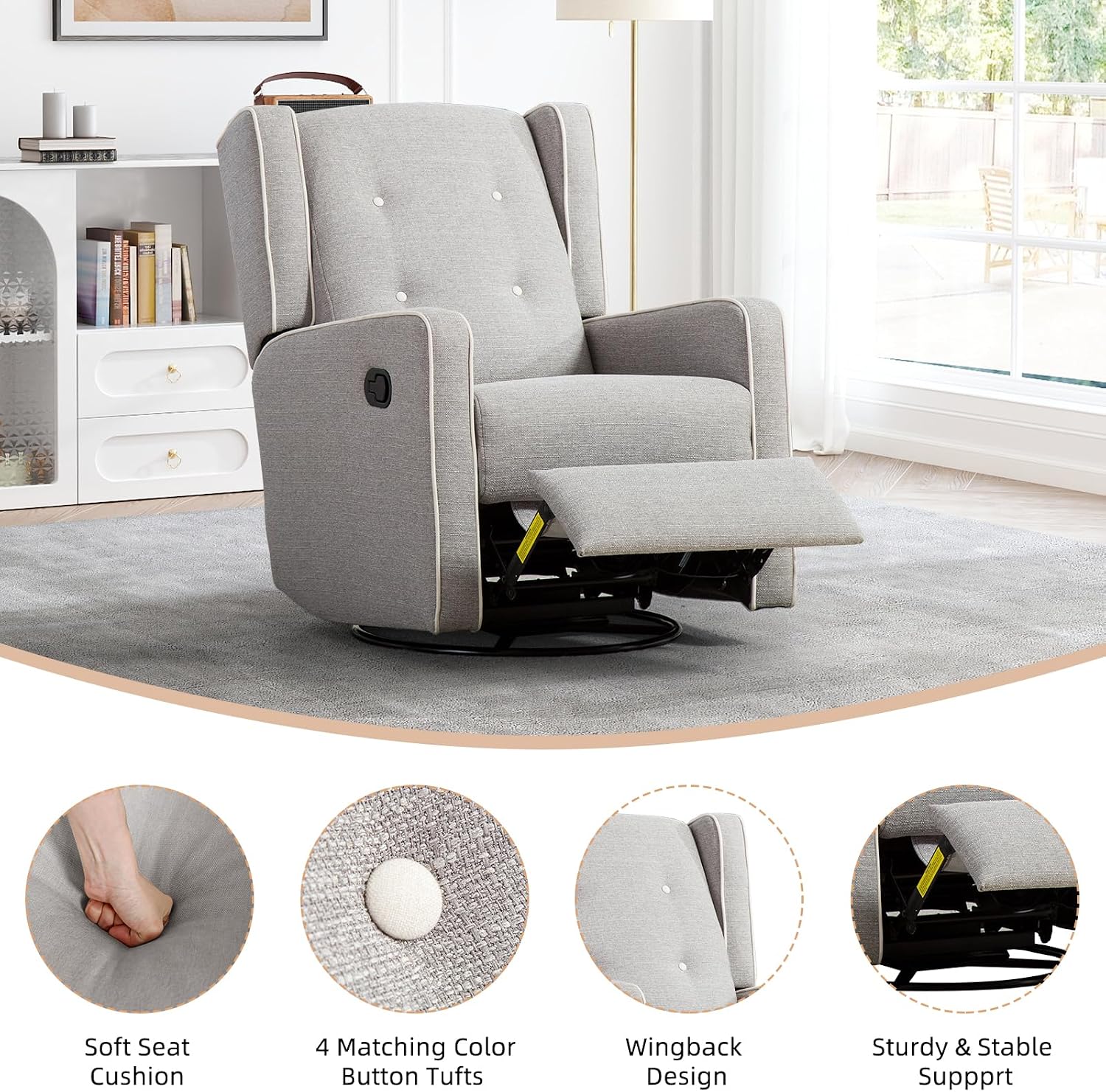 CANMOV Swivel Rocker Recliner Chair, Rocking Chair Nursery Glider Recliner, Manual Glider Chair for Nursery (Gray)