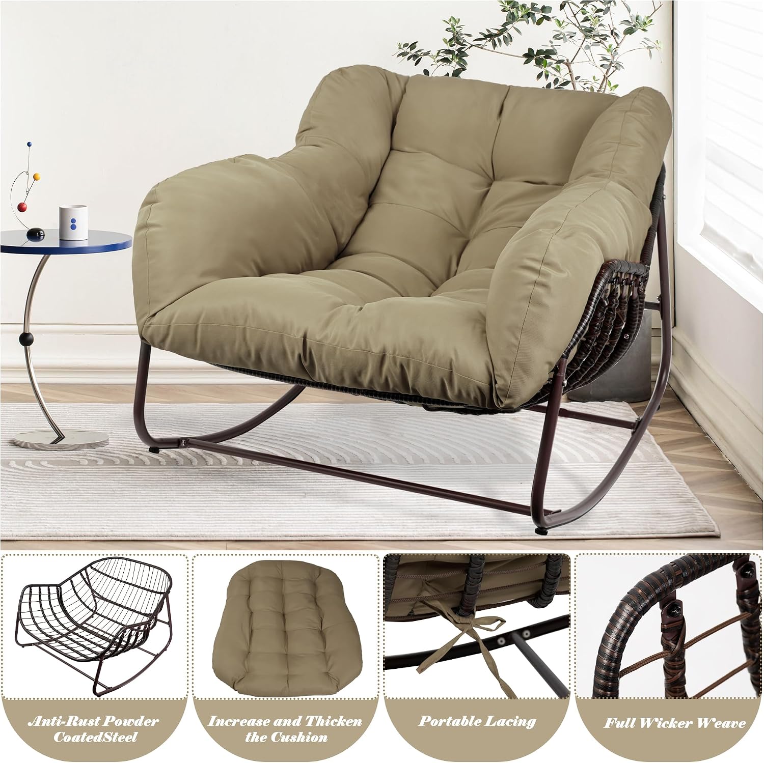 Outdoor Papasan Rocking Chair, Oversized Patio Rocking Chairs with Padded Cushion& Pillow-Comfortable Rocker Egg Chair for Front Porch, Garden, Patio, Backyard,1PC,Khaki