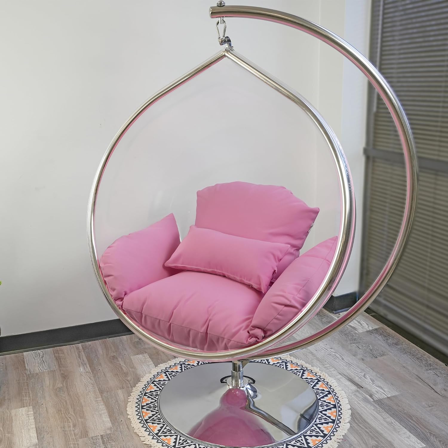 Hanging Chair - Transparent Acrylic Bubble, Waterdrop Shape, Indoor Swing Chair with Gold/Chrome Stand, Durable Fabric Cushion - Luxury Accent for Living Room, Bedroom (Chrome/Pink)