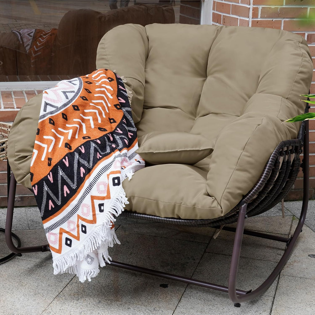 Outdoor Papasan Rocking Chair, Oversized Patio Rocking Chairs with Padded Cushion& Pillow-Comfortable Rocker Egg Chair for Front Porch, Garden, Patio, Backyard,1PC,Khaki