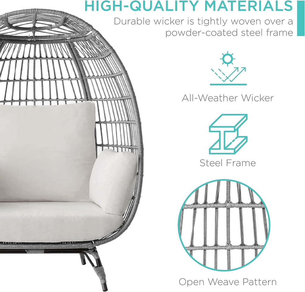 Best Choice Products Wicker Egg Chair, Oversized Indoor Outdoor Lounger for Patio, Backyard, Living Room w/ 4 Cushions, Steel Frame, 440lb Capacity - Gray/White Sand