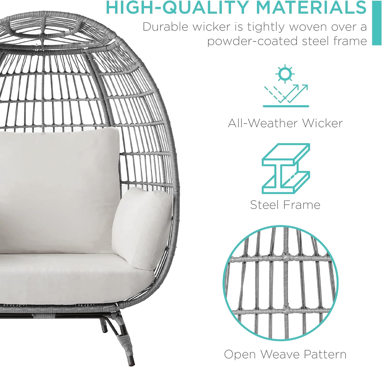 Best Choice Products Wicker Egg Chair, Oversized Indoor Outdoor Lounger for Patio, Backyard, Living Room w/ 4 Cushions, Steel Frame, 440lb Capacity - Gray/White Sand