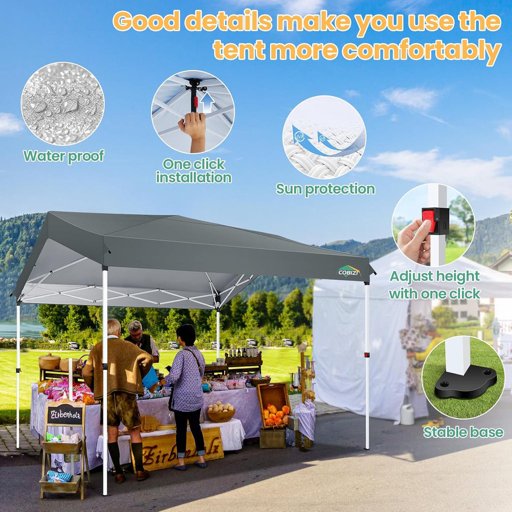 COBIZI Canopy Tent 10x10 Pop Up Outdoor Canopies with 4 Sidewalls Waterproof Commercial Instant Gazebo Tents for Party Patio Backyard with 4 Sandbags, 4 Stakes & 8 Ropes, Gray