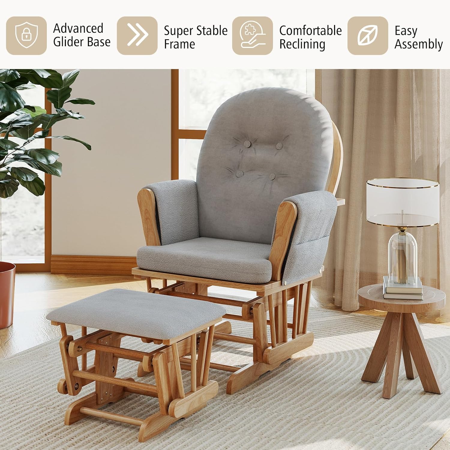 Costzon Nursery Glider with Ottoman, Upholstered Comfort Glider Rocker with Padded Cushion, Storage Pocket, Solid Wood Base, Rocking Chair Nursery for Breastfeeding, Napping (Natural)